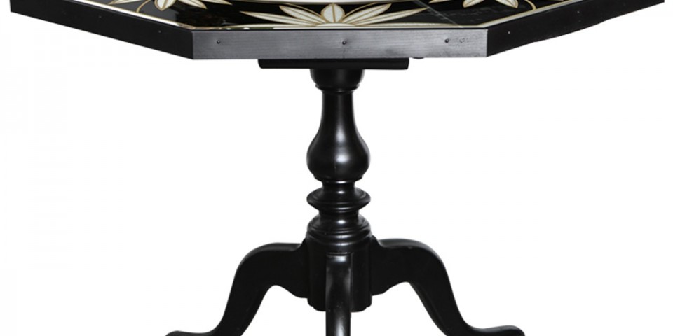 Black Hollywood Regency Rosewood Spider Leg Card Table with Inlay Flowers